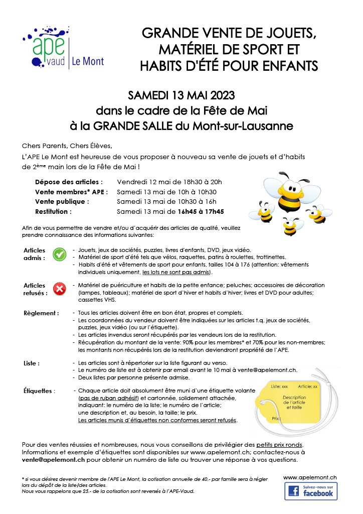 Vente de jouets et d'habits pour enfants à la Fête de Mai